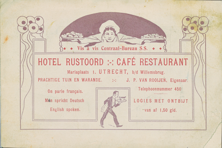 712011 Voorzijde van een visitekaartje annex nota van “Rustoord”, eigenaar: J.P. van Rooijen, Hotel, Café Restaurant, ...
